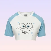 Nickelodeon Sünger Bob Kare Pantolon Baskılı Bisiklet Yaka Mavi Beyaz Kadın Crop Tişört L