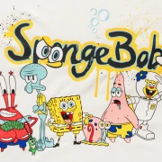 Nickelodeon Sünger Bob Kare Pantolon ve Arkadaşları Baskılı Bisiklet Yaka Beyaz Kız Çocuk Tişört